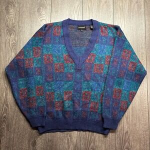 Vintage Stylewise Mens XL V-Neck Sweater Geometric Block Knit Blue Teal Burgundy